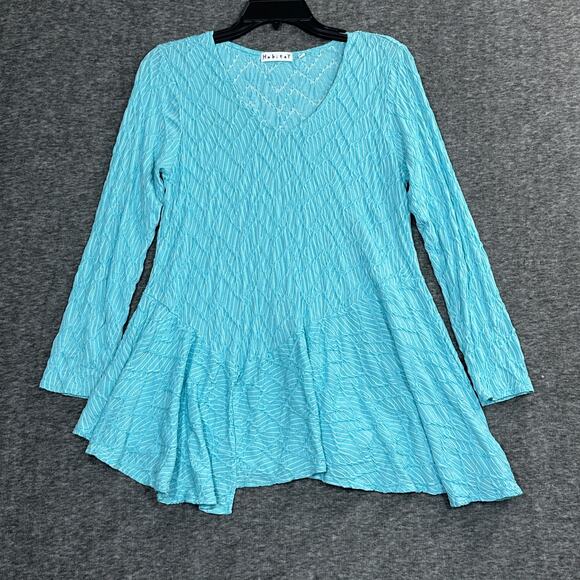 HABITAT Women's Small Long Sleeve Textured Asymmetric Hem Scoop Neck Blue Tunic - Picture 1 of 6